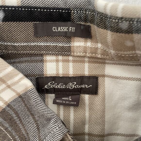 Eddie Bauer Men's L Flannel Shirt Brown Plaid Heavy Cotton Button Up Outdoor - Picture 4 of 7